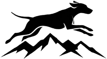 Black vector silhouette logo featuring an athletic dog leaping dynamically over a jagged mountain range line drawing.