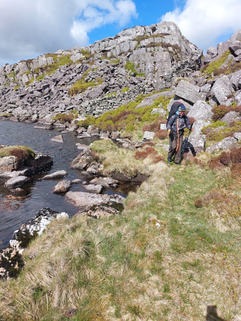 The historic medieval packhorse trail known as the Roman Steps winding between the Rhinogs peaks.