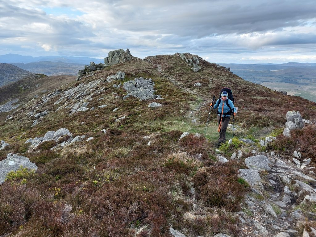 A hiker carrying a large expedition backpack and using trekking poles walks along a narrow, rocky trail cut through rough heather on a Welsh mountain ridge.