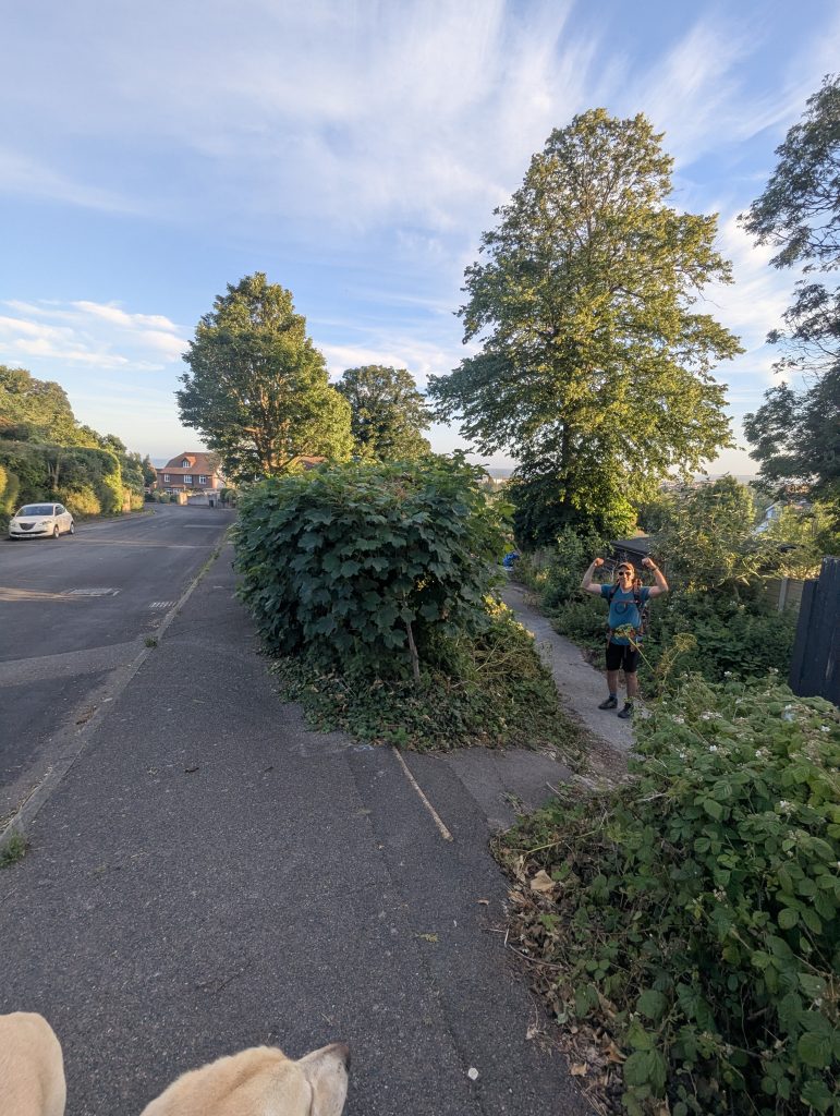 An unmarked, paved side road turning sharply off the main descending path.