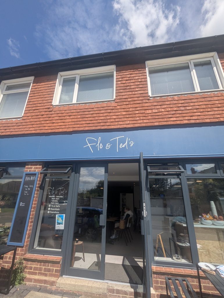 The charming exterior of the Flo & Ted cafe located in the village of Bridge.