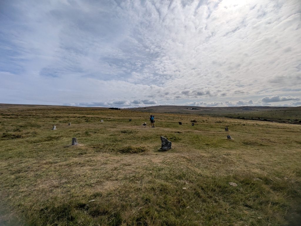 Wide view of the 20-meter granite stone circle at Merrivale Prehistoric Settlement across open grassy moorland.