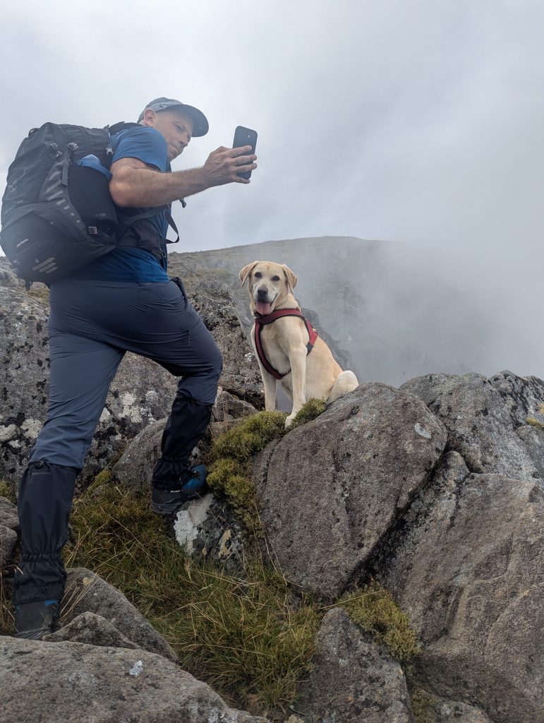 A hiker wearing a backpack and black waterproof gaiters takes a photo with a smartphone on a steep, rocky mountain slope. A yellow Labrador wearing a red harness sits patiently on a large, moss-covered boulder next to him, surrounded by thick mountain fog.