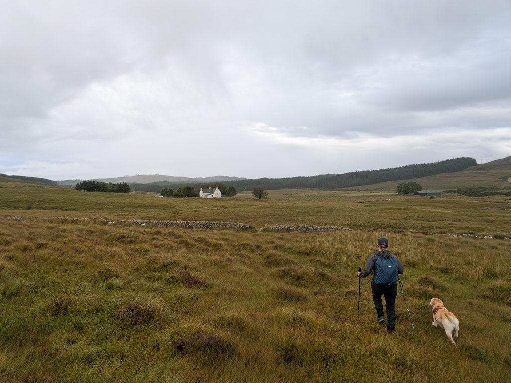 Hiker and dog walking across wet highland moorland toward remote white cottage in Inov8 Roclite Pro Mid boots.