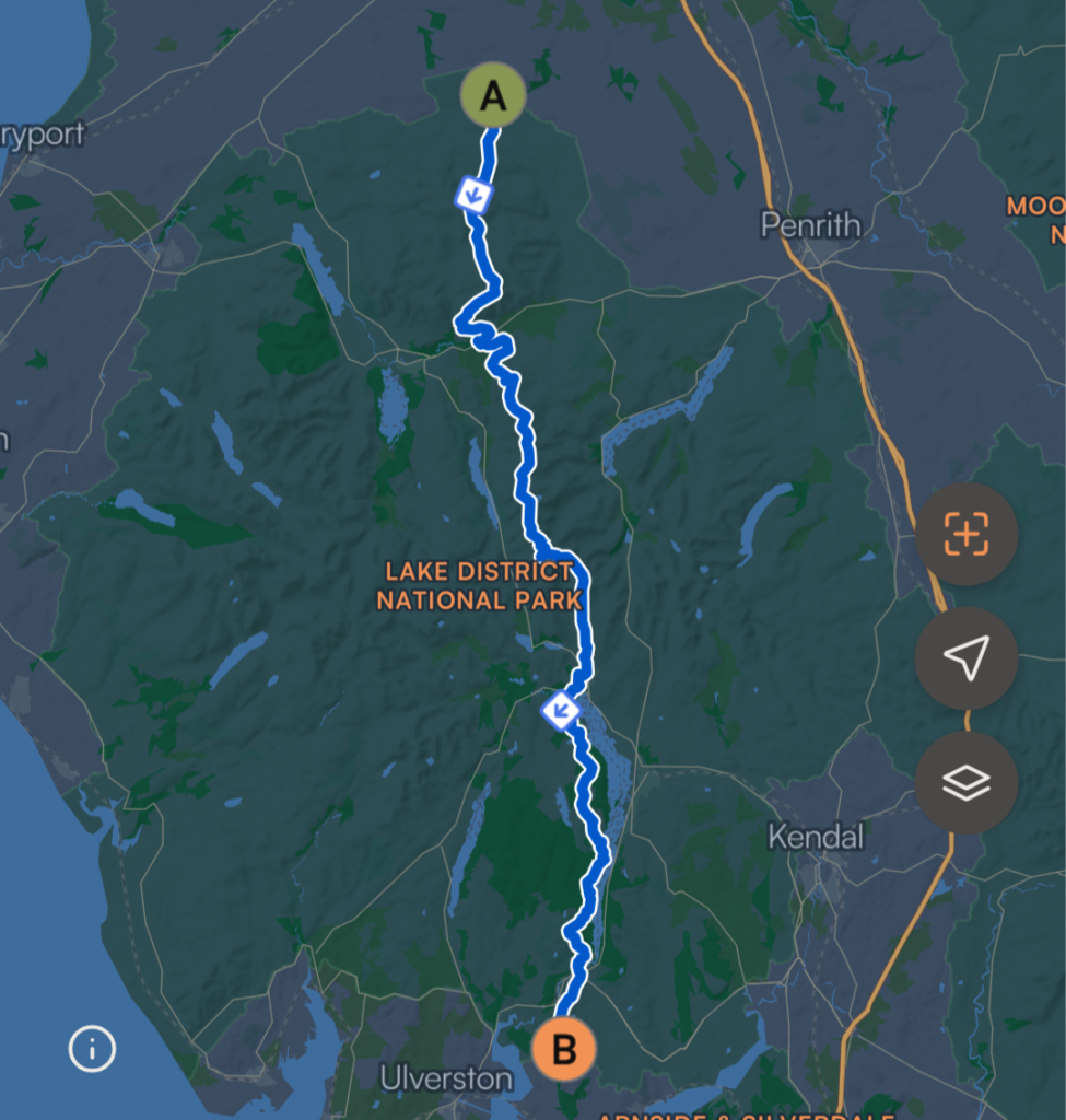Digital map interface showing the full 55-mile end-to-end route from Caldbeck to Cartmel through the Lake District.