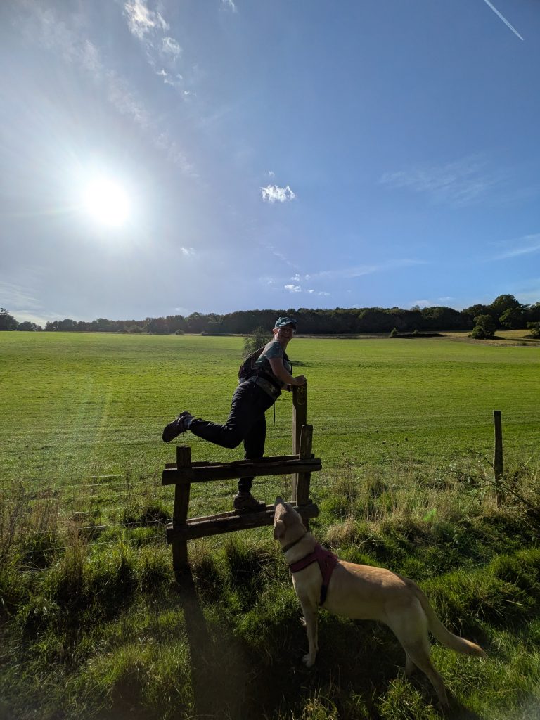 A female hiker balancing playfully on a wooden fence stile while a dog watches from below in a sunlit green field